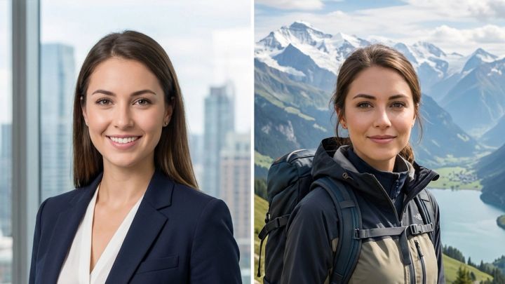 The same AI character shown in a professional office and an alpine hiking scene