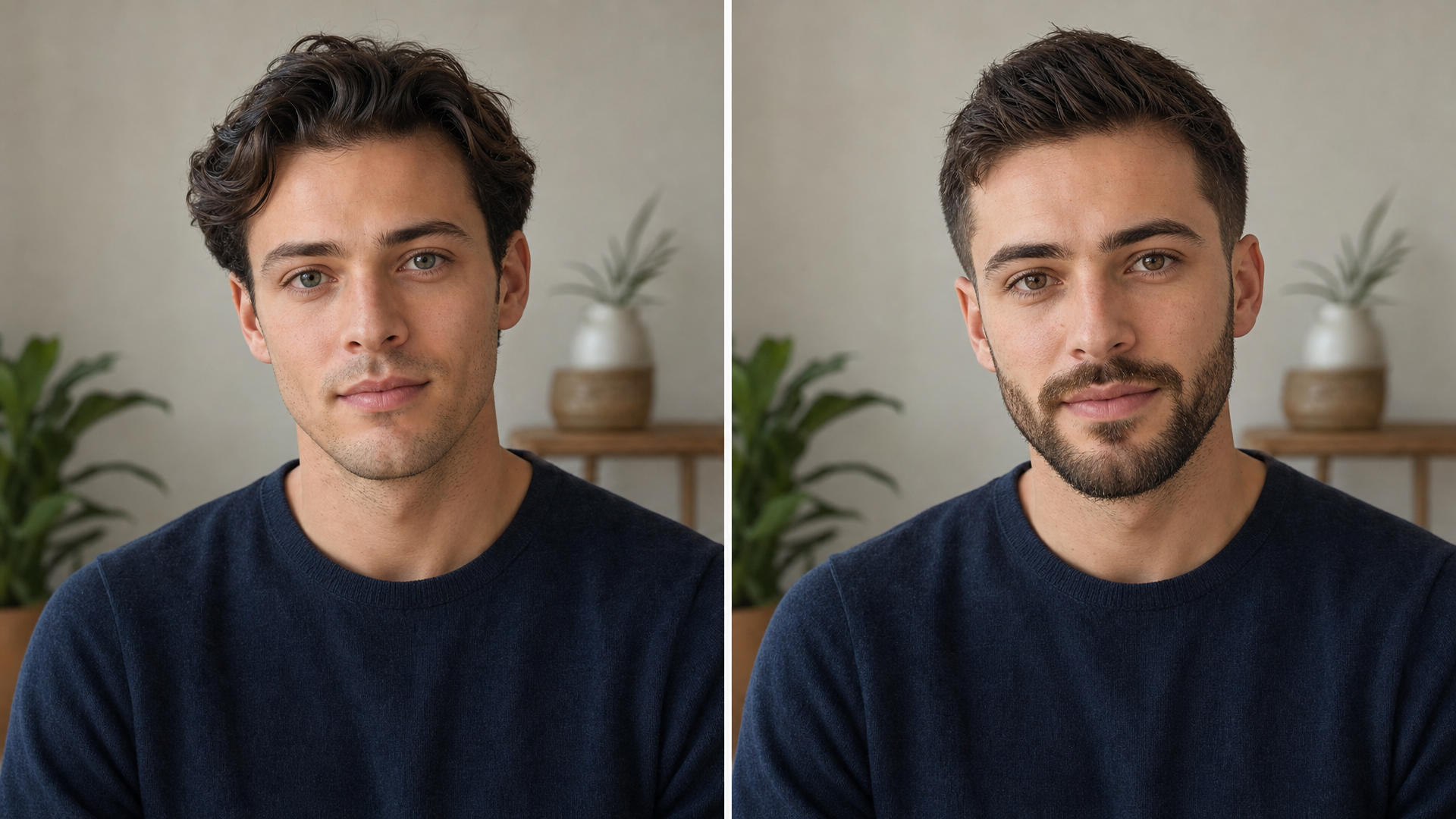 Side-by-side AI face swap before and after portrait showing a natural fictional face transformation