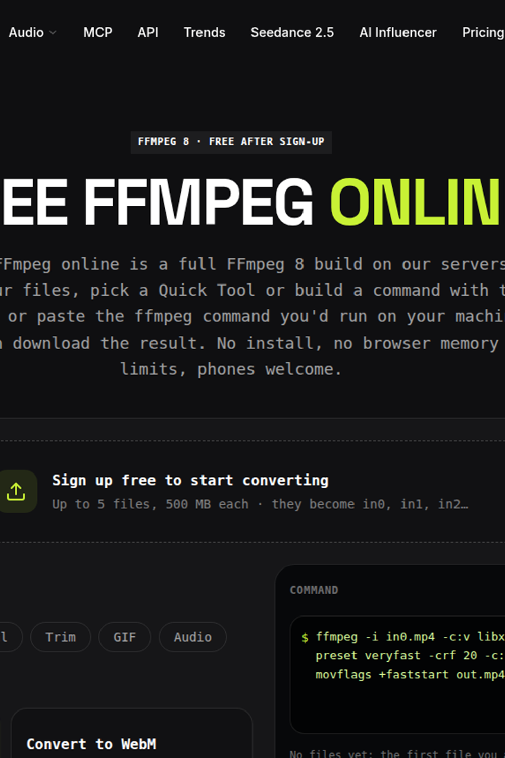 imageat FFmpeg Online interface with Quick Tools, Wizard, and command generator