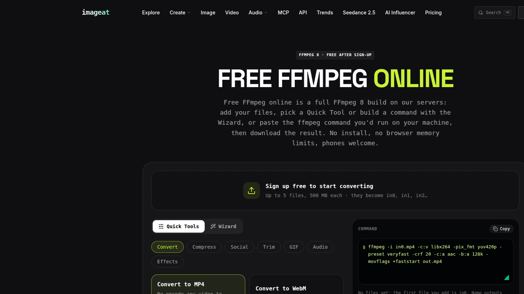 imageat FFmpeg Online interface with Quick Tools, Wizard, and command generator