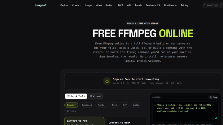 imageat FFmpeg Online interface with Quick Tools, Wizard, and command generator