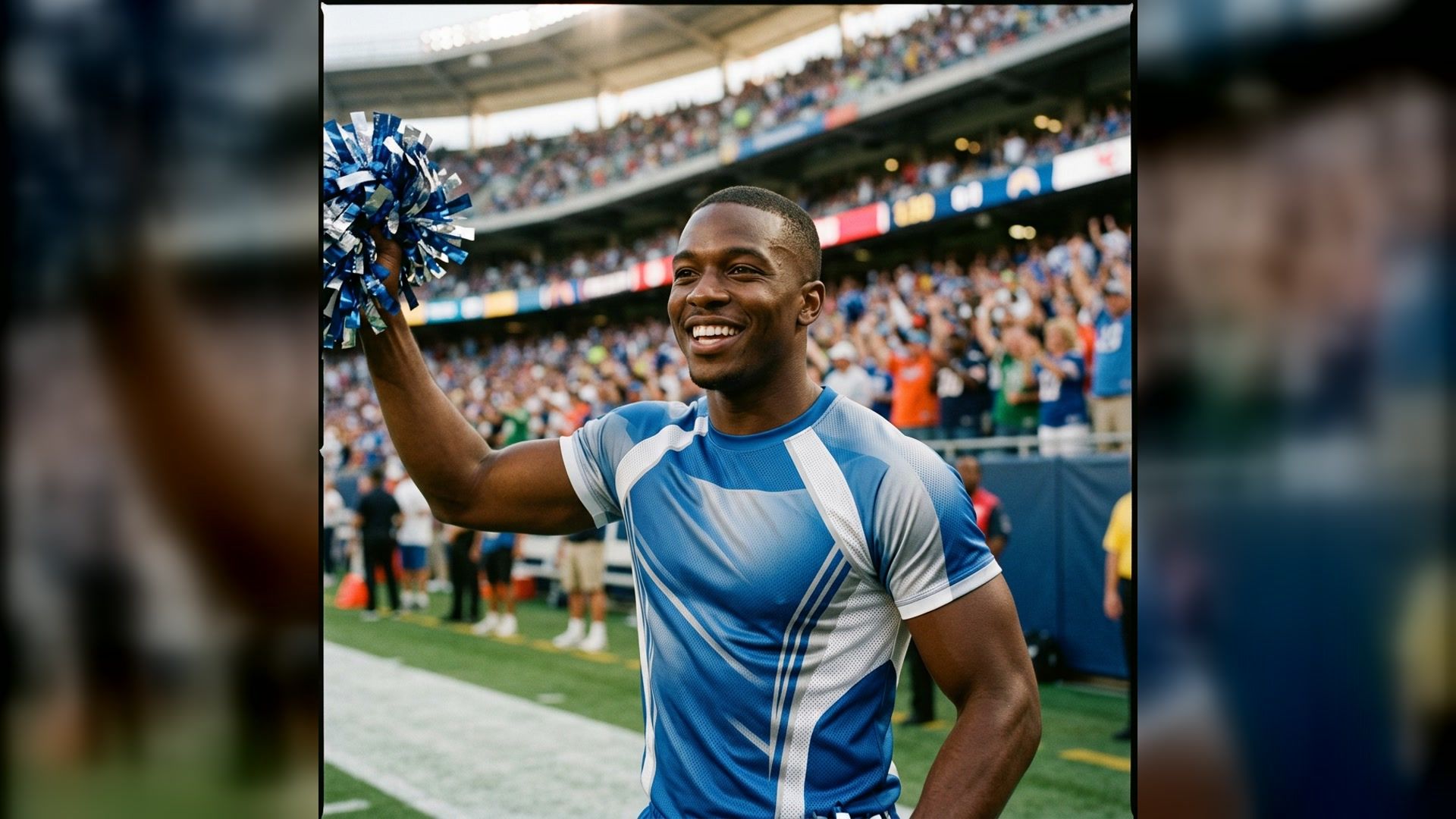adult cheer performer holding a blue pom-pom on a stadium sideline