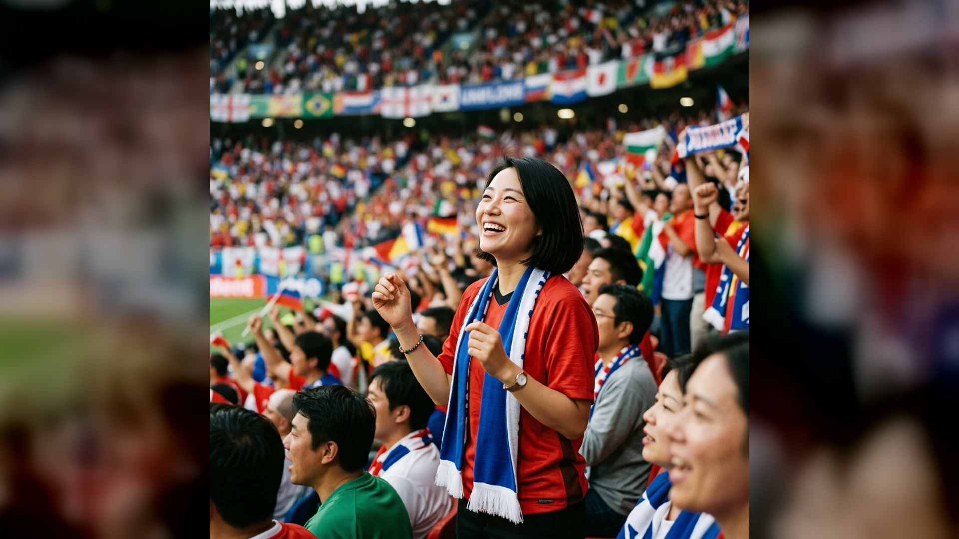 football supporter celebrating in a colorful stadium crowd