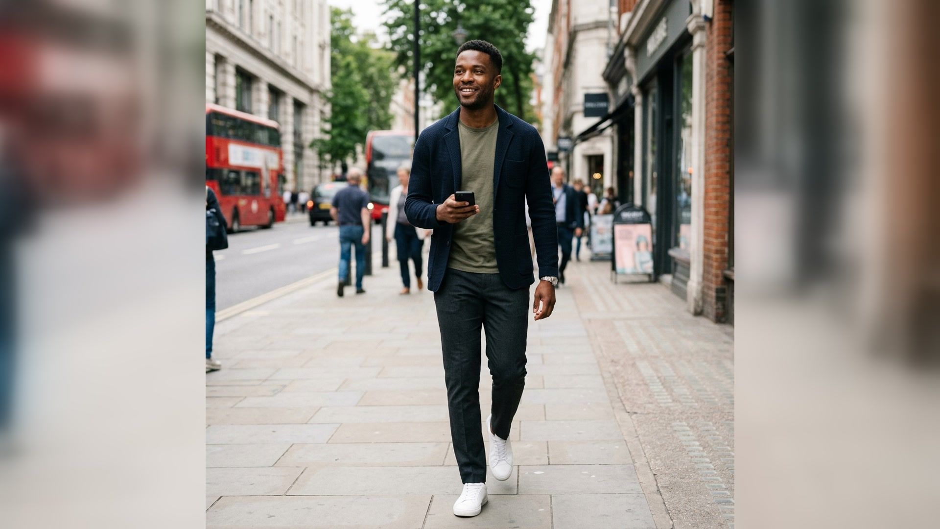 adult man walking through a city in a dating profile portrait