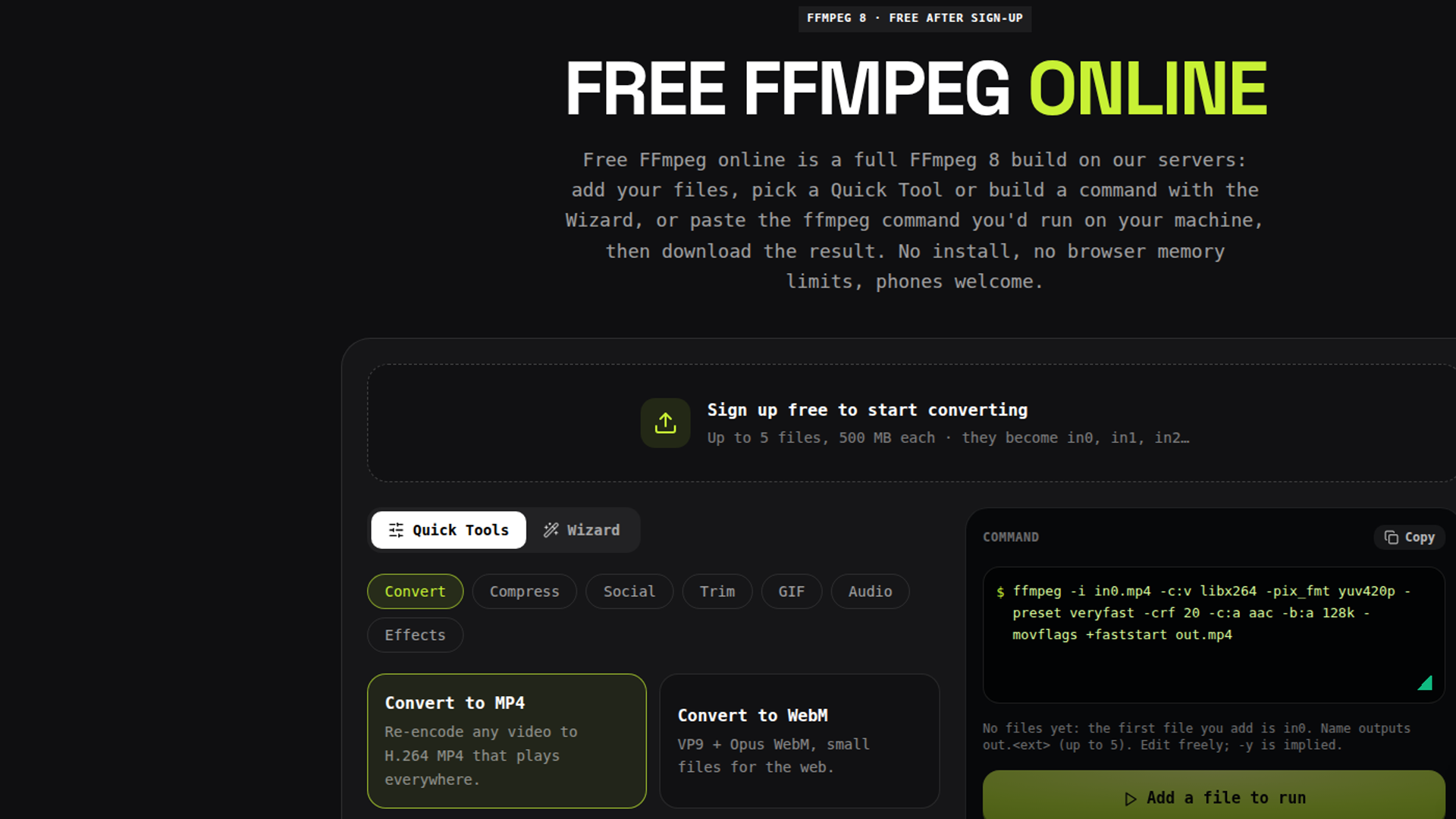 imageat FFmpeg Online command generator showing conversion tools and an FFmpeg command