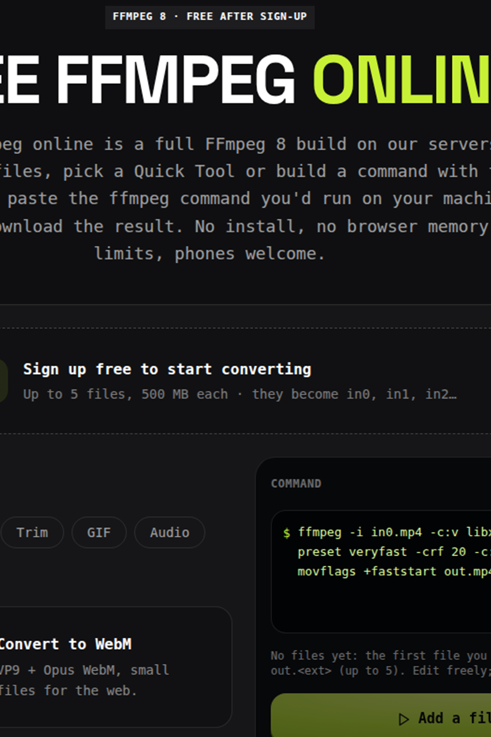 imageat FFmpeg Online command generator showing conversion tools and an FFmpeg command