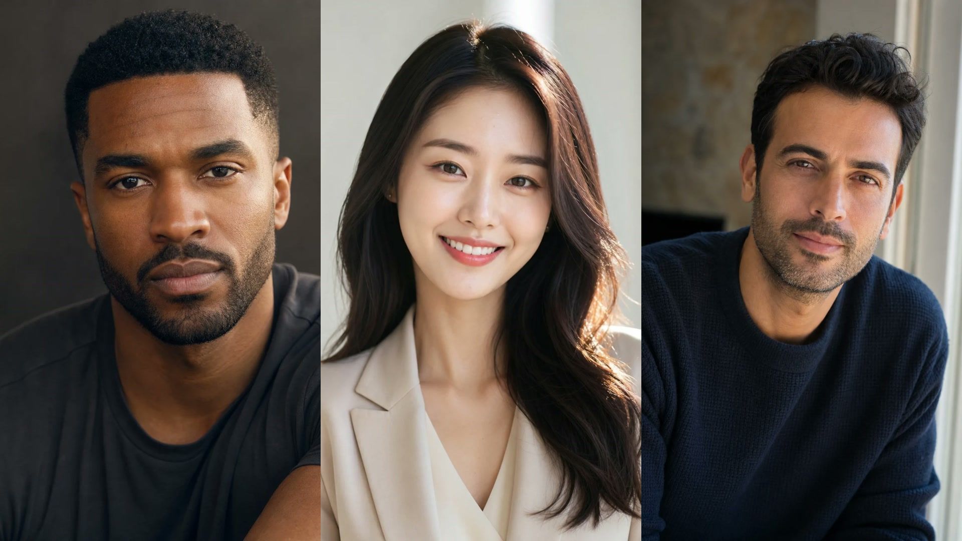 three imageat-owned actor headshot examples showing focused, approachable, and natural portrait directions