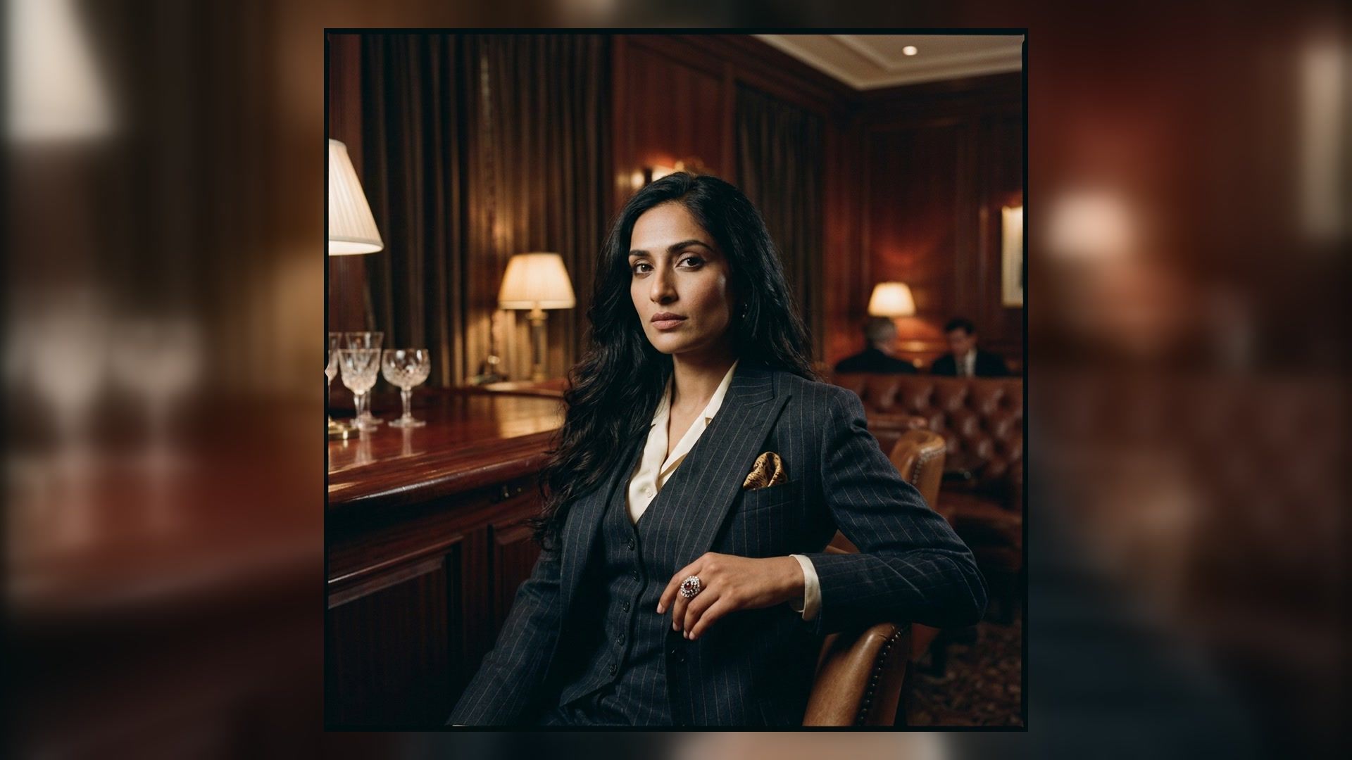 woman in a tailored pinstripe suit seated in a warm dark-wood private club