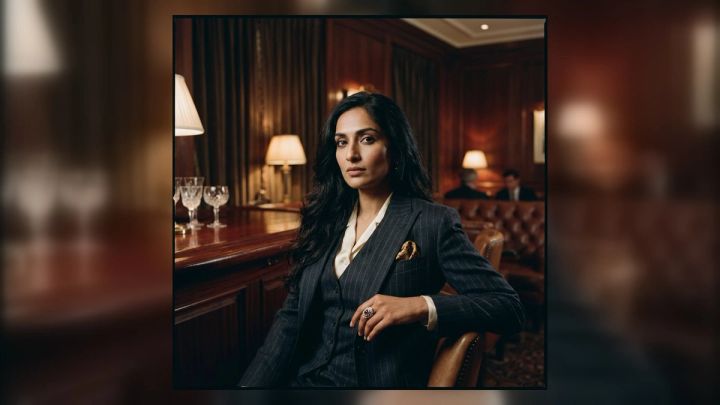 woman in a tailored pinstripe suit seated in a warm dark-wood private club