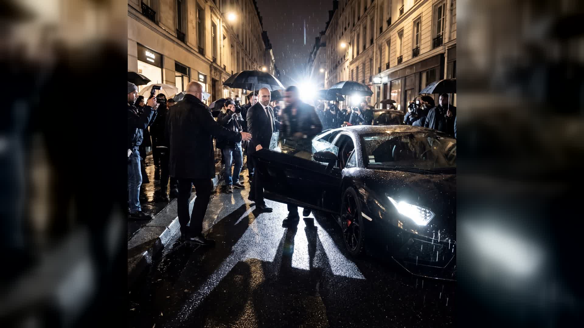 paparazzi photographers and a black car on a rainy city street at night