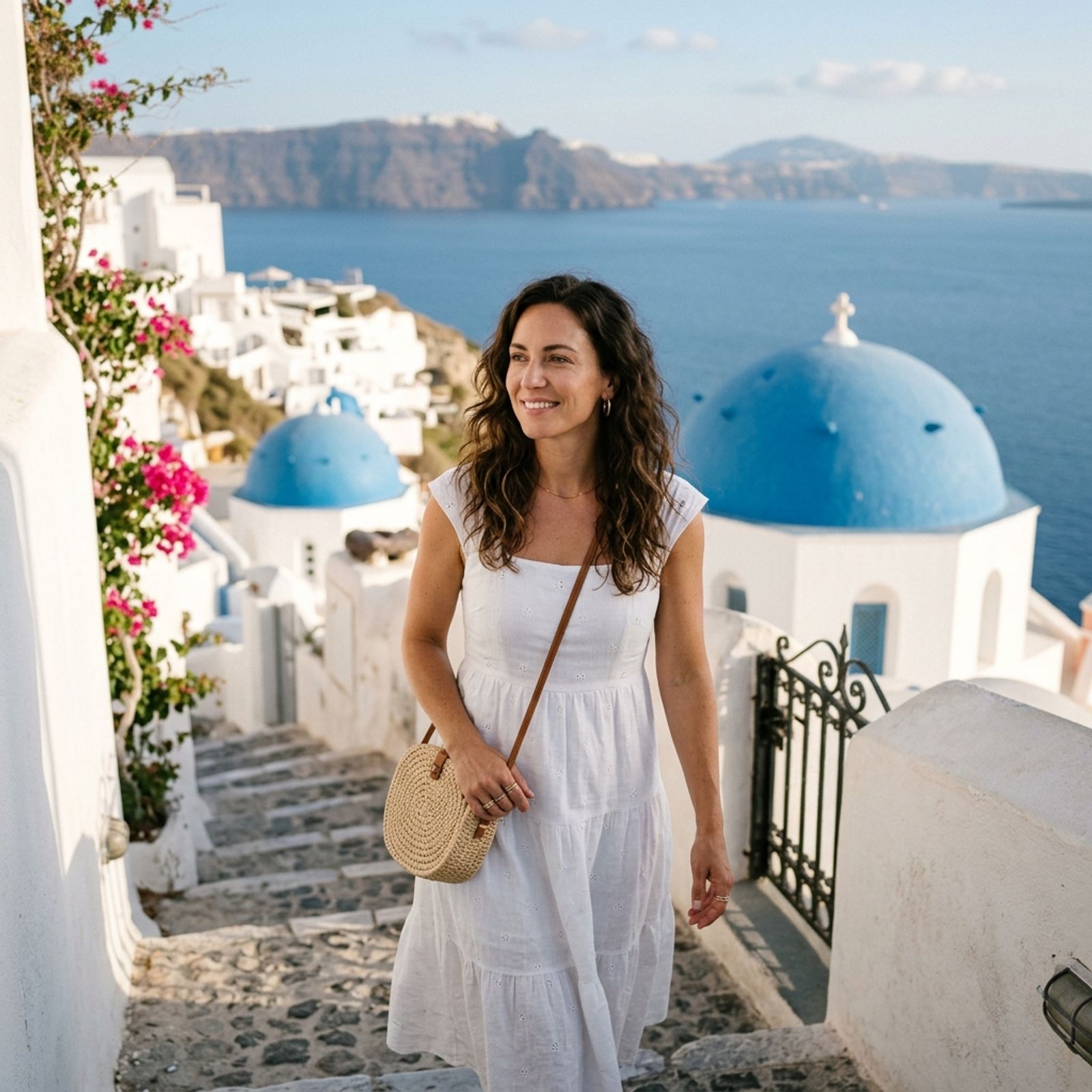 imageat-owned Santorini blue-dome portrait example showing a light summer outfit