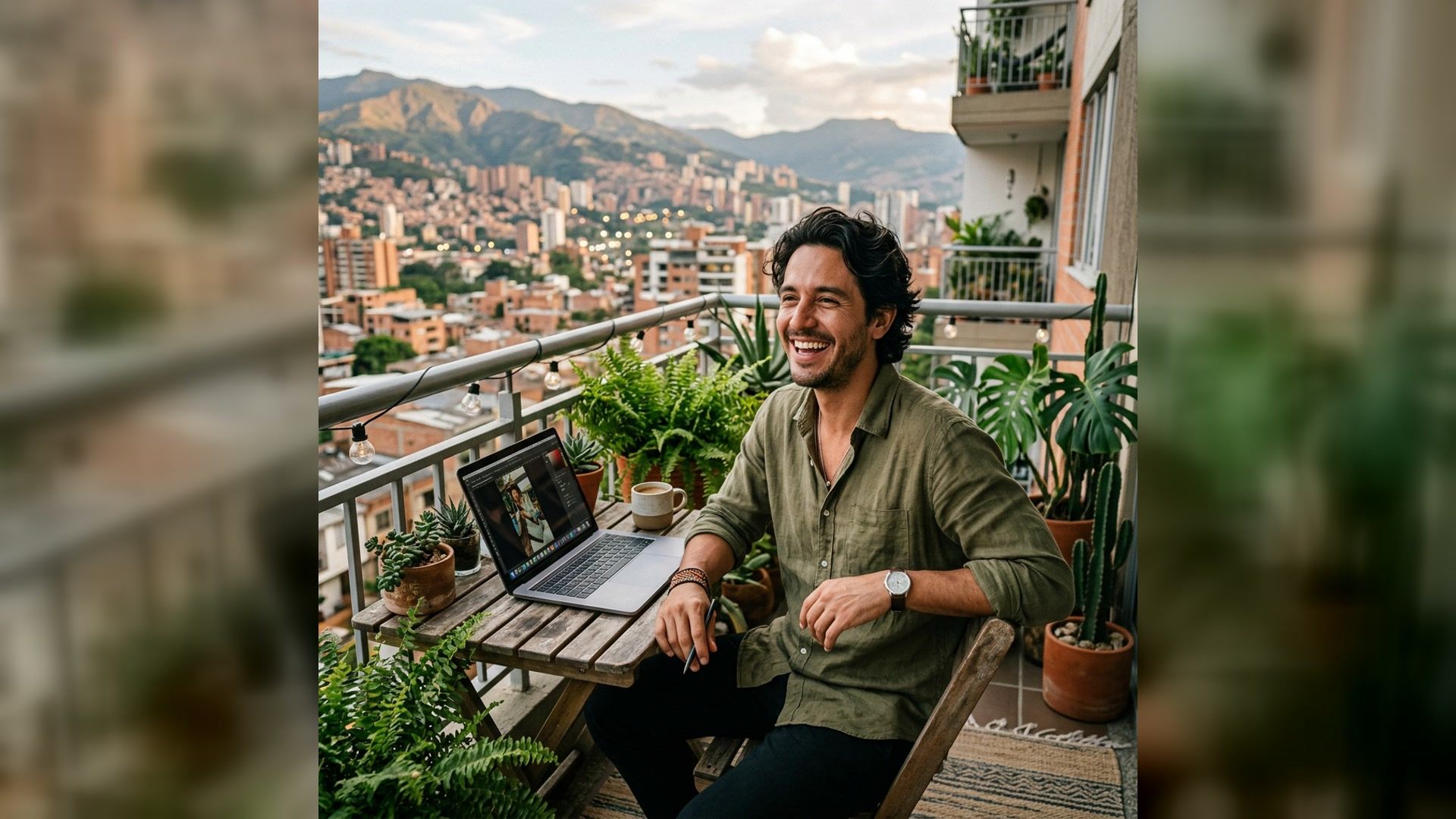 digital nomad working from a city balcony with a laptop