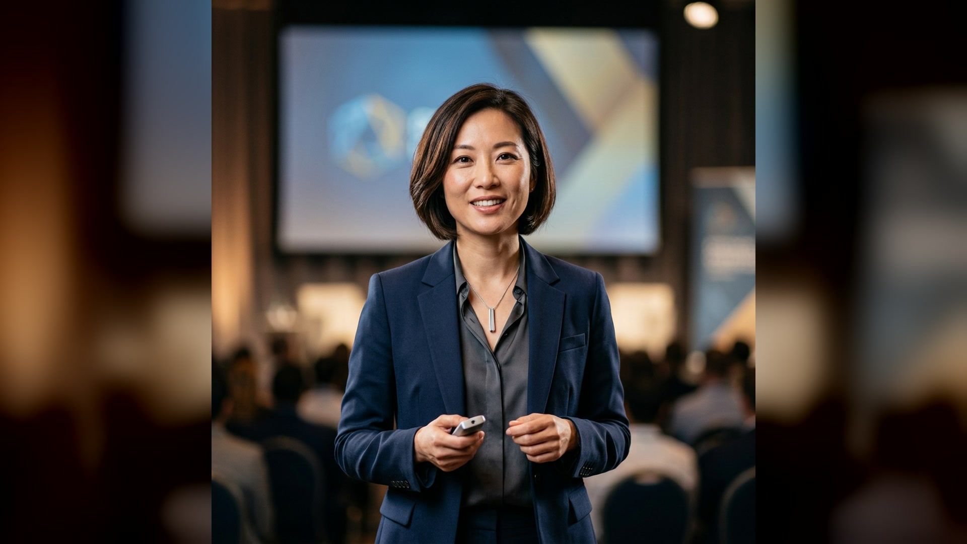 Professional keynote speaker portrait in a conference setting