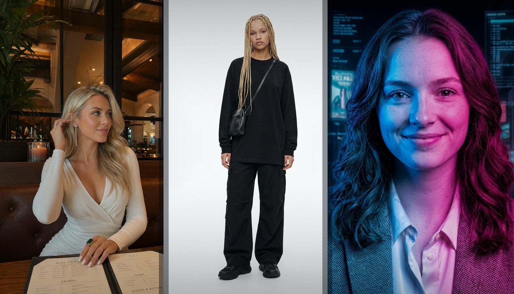 Side-by-side Imageat examples showing AI image generation, AI photo editing, and stylized portrait creation