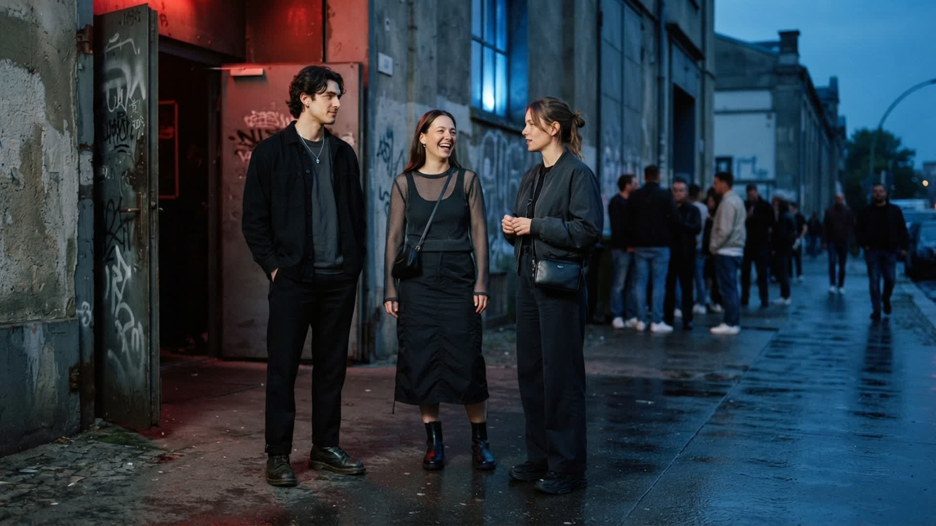 three fictional adults in practical dark outfits outside an anonymous industrial nightlife entrance