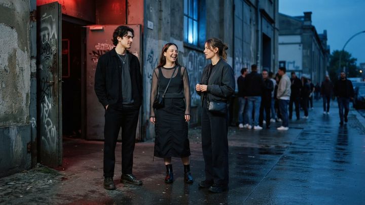 three fictional adults in practical dark outfits outside an anonymous industrial nightlife entrance