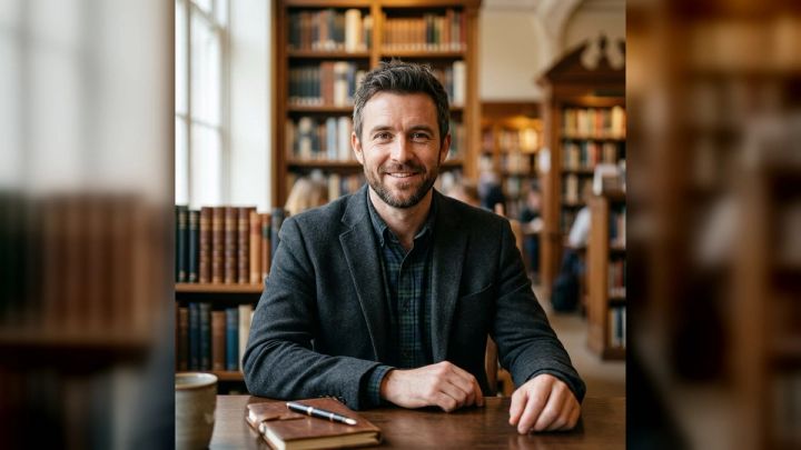 Professional author headshot in a warm library setting