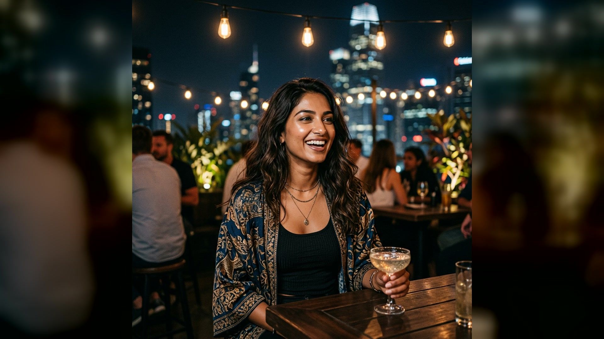 woman posing at a rooftop bar at night with city lights