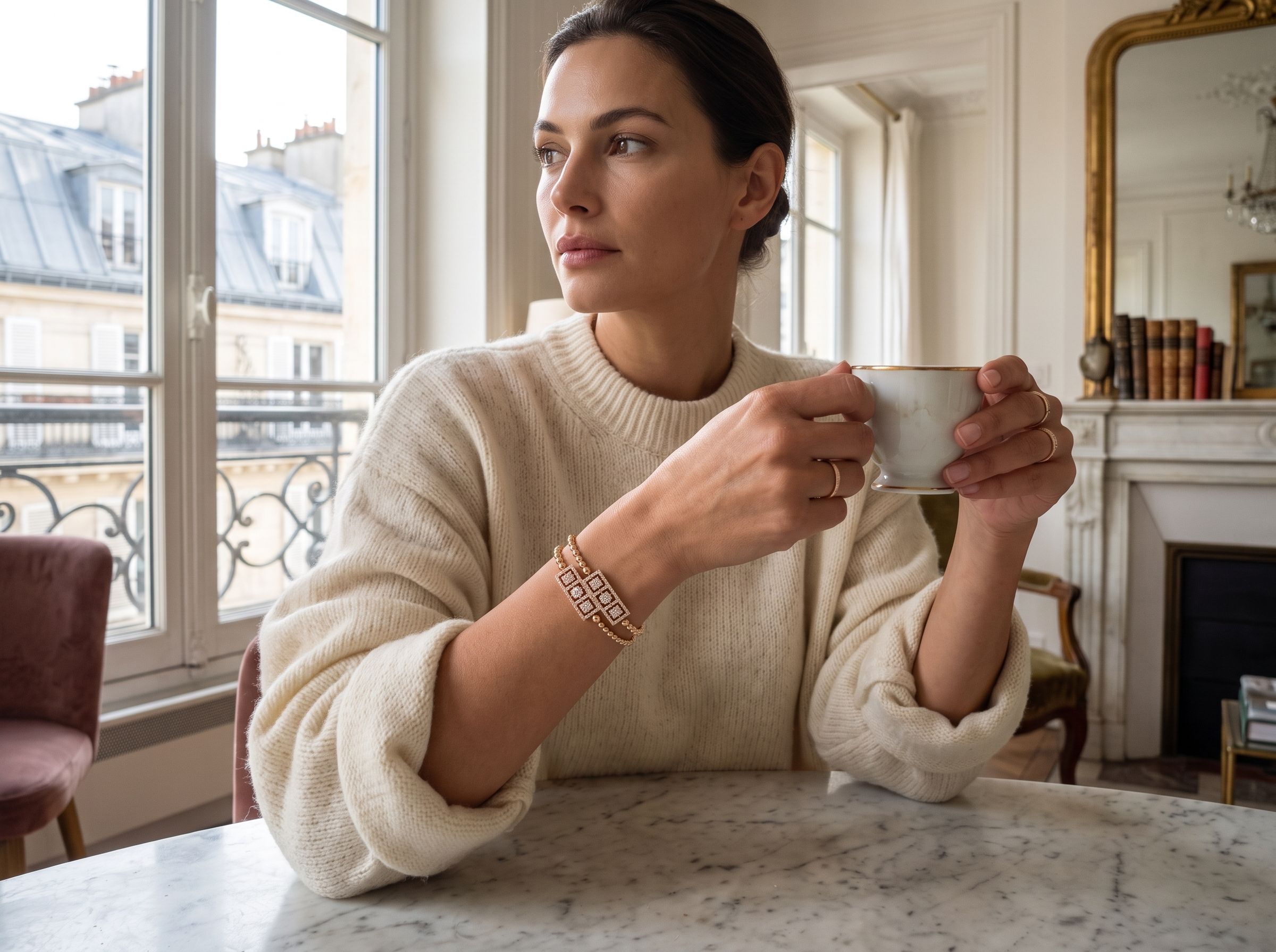 woman holding cup showing jewellery
