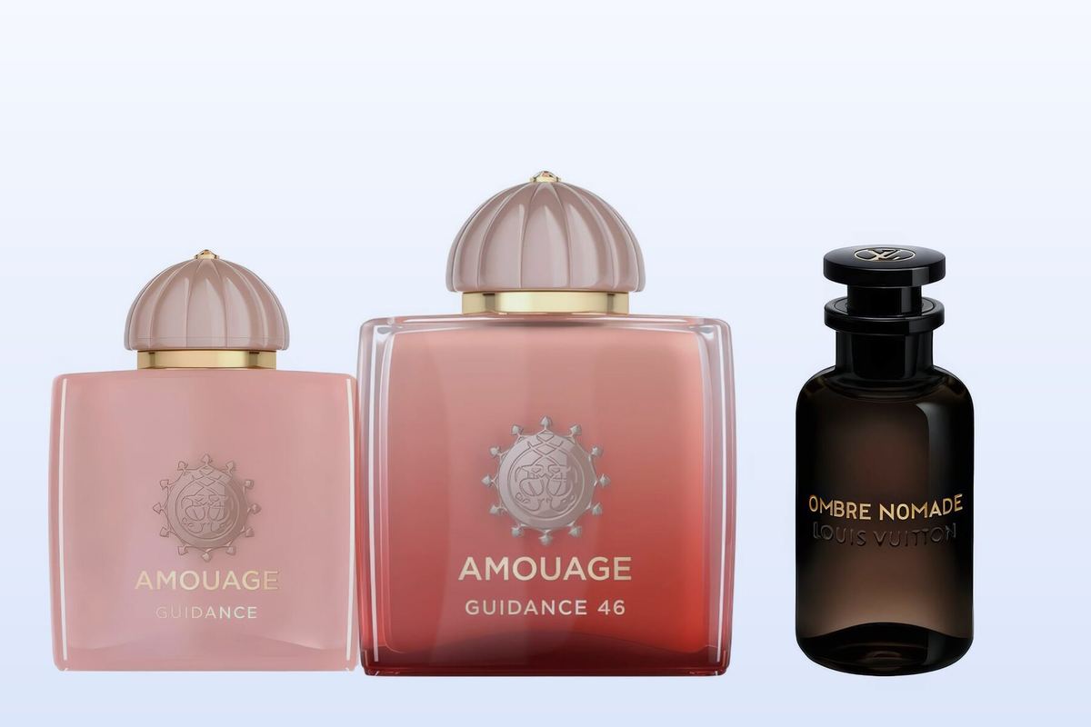 Three fragrance bottles, Guidance, Guidance 46 and Ombre Nomade, on a pale blue background