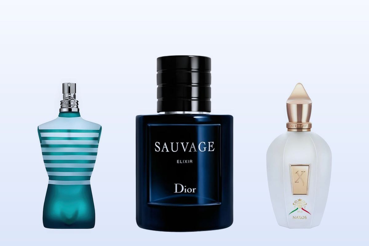 Le Male, Sauvage Elixir and XJ 1861 Naxos bottles on a pale blue background