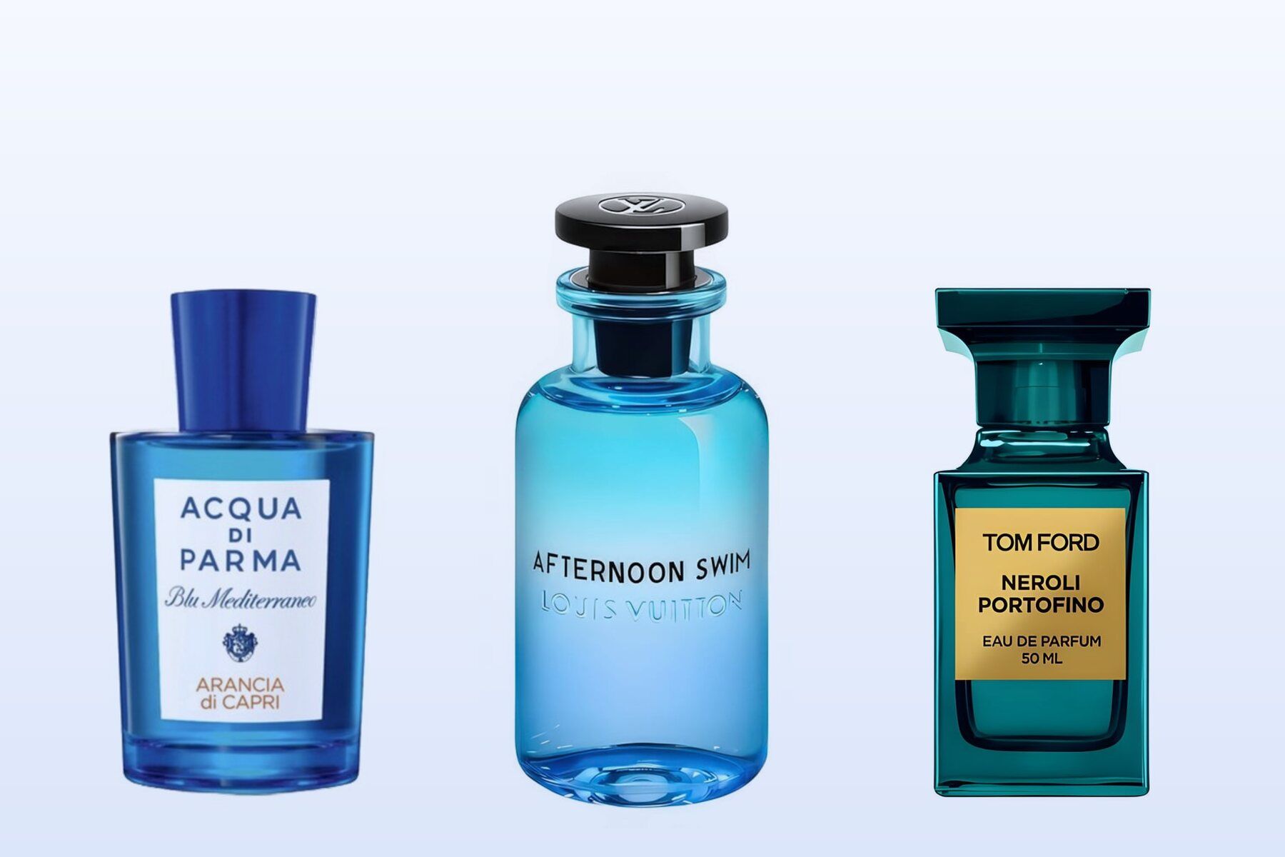 Acqua di Parma Arancia di Capri, Louis Vuitton Afternoon Swim and Tom Ford Neroli Portofino bottles on a pale blue background