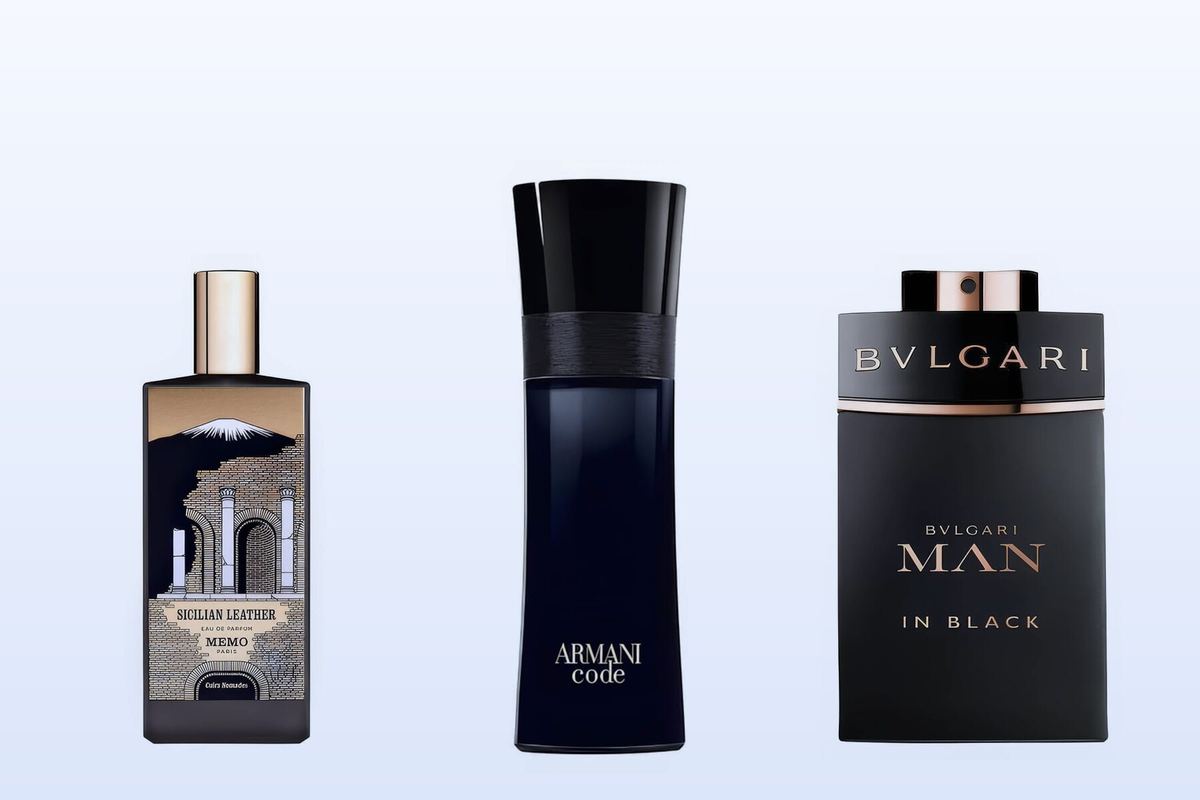 Three bottles on a pale blue background, Sicilian Leather by Memo Paris, Armani Code and Man In Black by Bvlgari