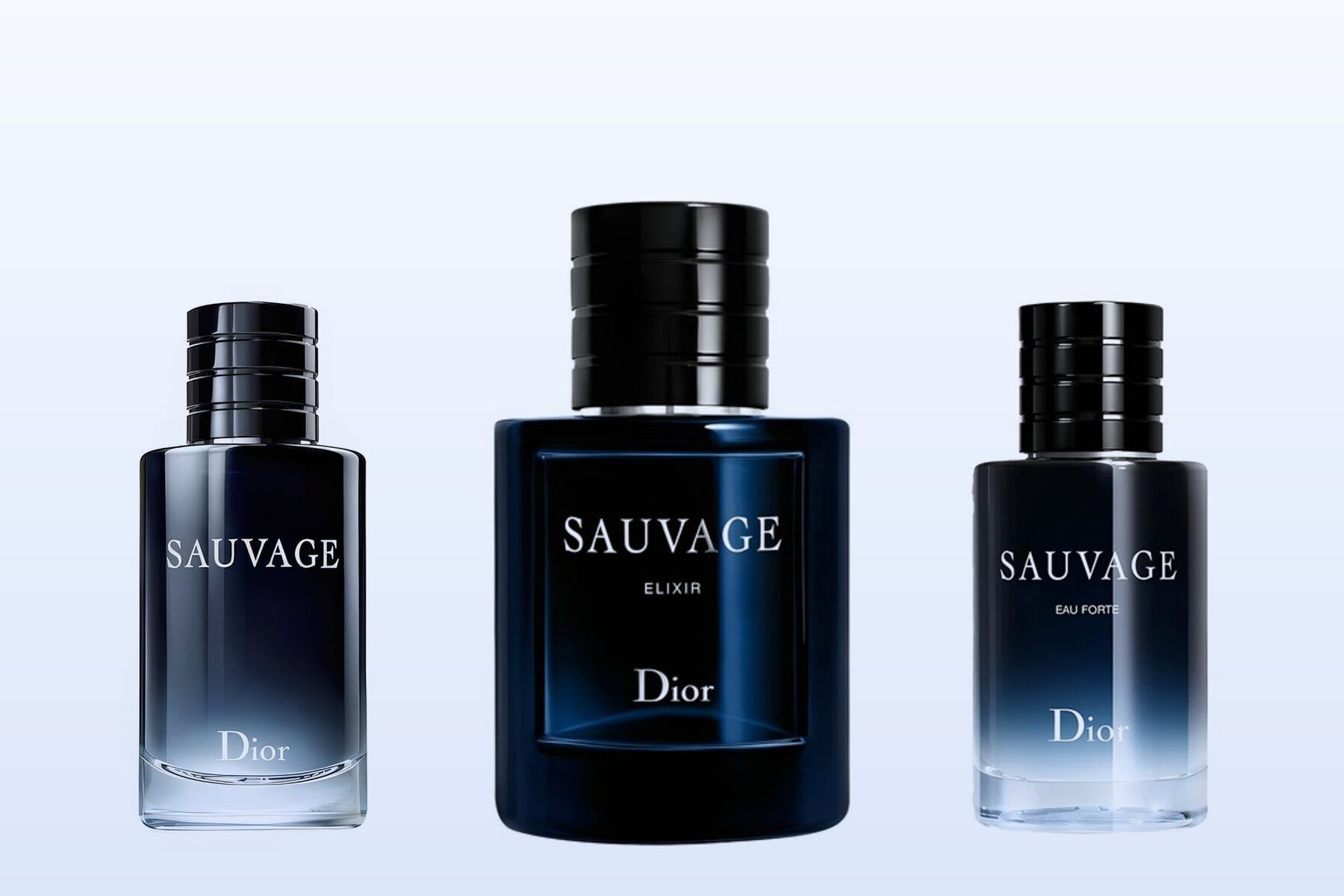 Three Dior bottles, Sauvage, Sauvage Elixir and Sauvage Eau Forte, on a pale blue background