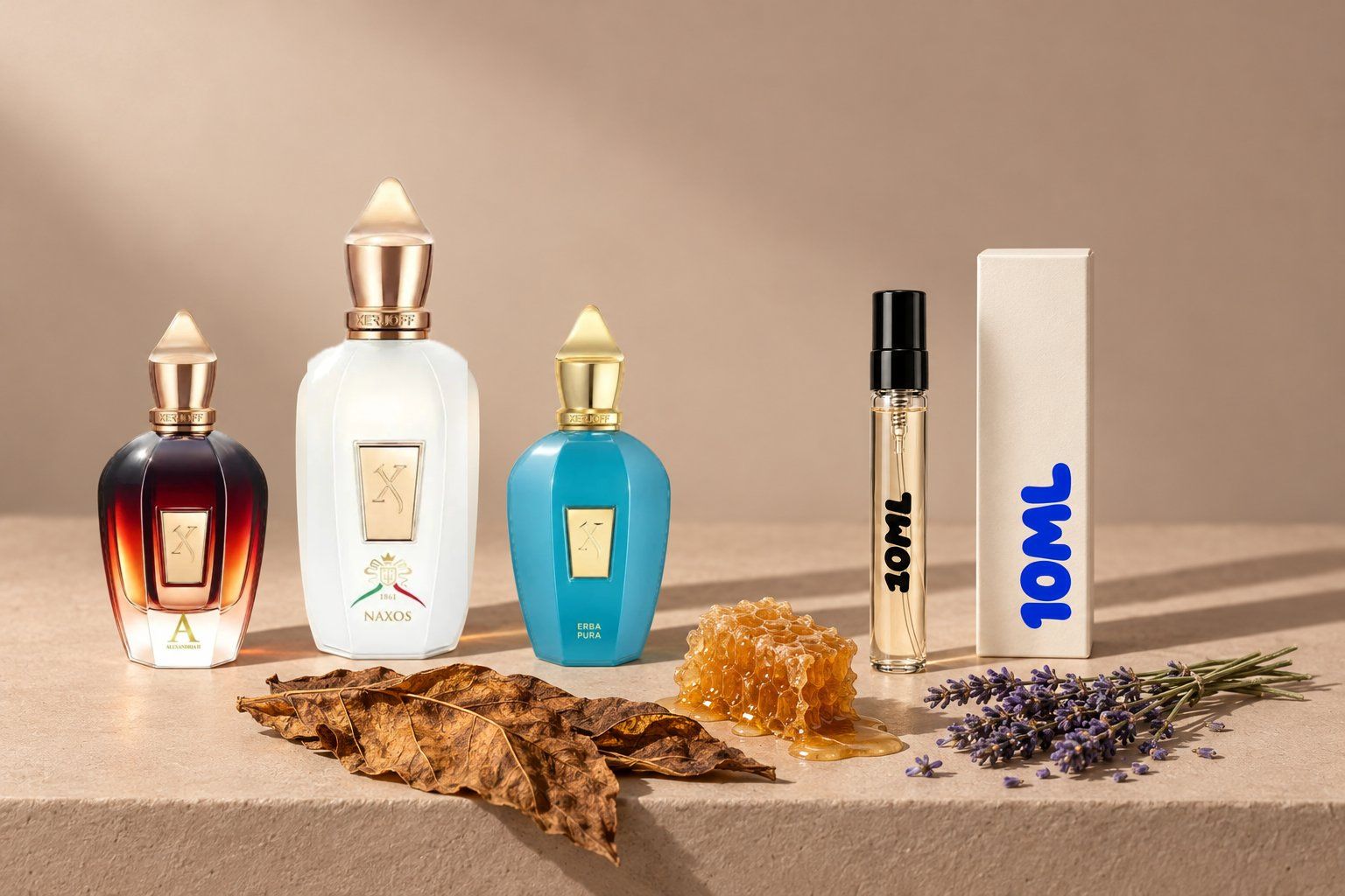 Drie Xerjoff-parfums, XJ 1861 Naxos, Alexandria II en Erba Pura, met een 10ML-decant en de gesloten doos