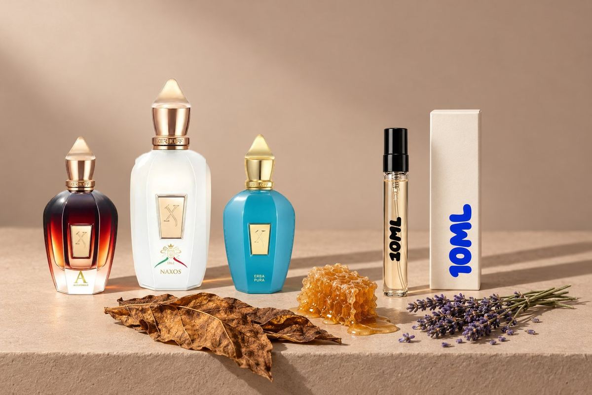 Drie Xerjoff-parfums, XJ 1861 Naxos, Alexandria II en Erba Pura, met een 10ML-decant en de gesloten doos