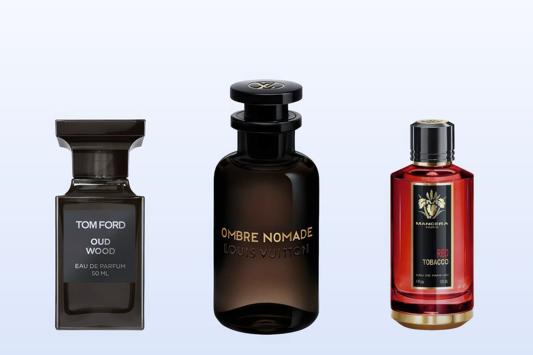 Three fragrance bottles, Oud Wood, Ombre Nomade and Red Tobacco, on a pale blue background