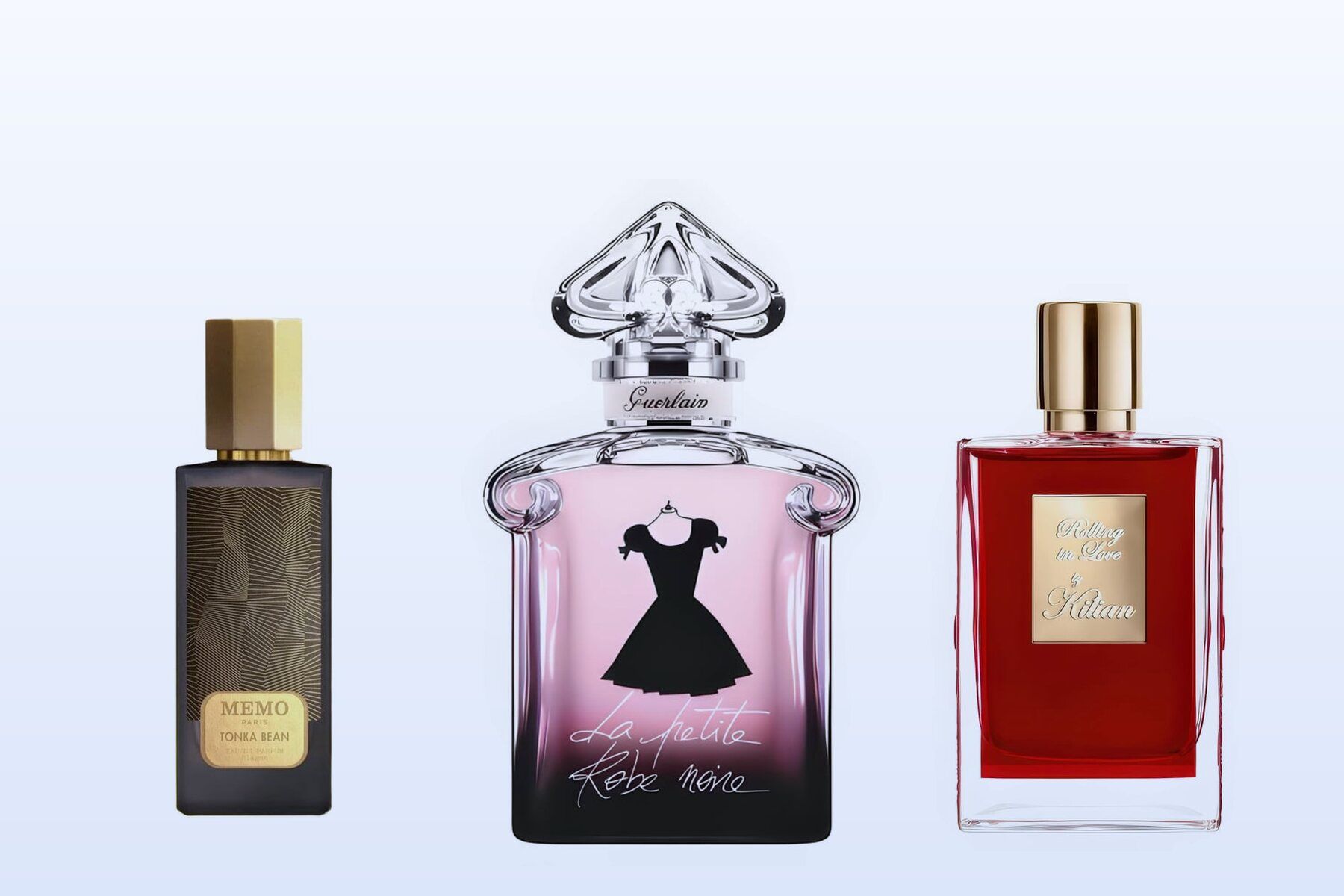 Tonka Bean by Memo Paris, La Petite Robe Noire by Guerlain and Rolling in Love by By Kilian on a pale blue background