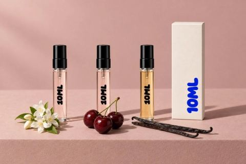 Tres decants 10ML de 3ml de perfumes femeninos florales, afrutados y gourmand, con flores de jazmín, cerezas y vainas de vainilla
