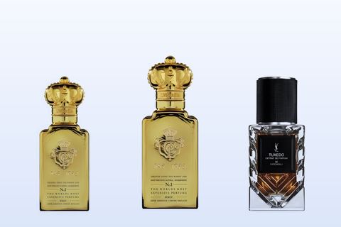 No. 1 Clive Christian for men, No. 1 Feminine and Tuxedo Extrait, three bottles on a pale blue background