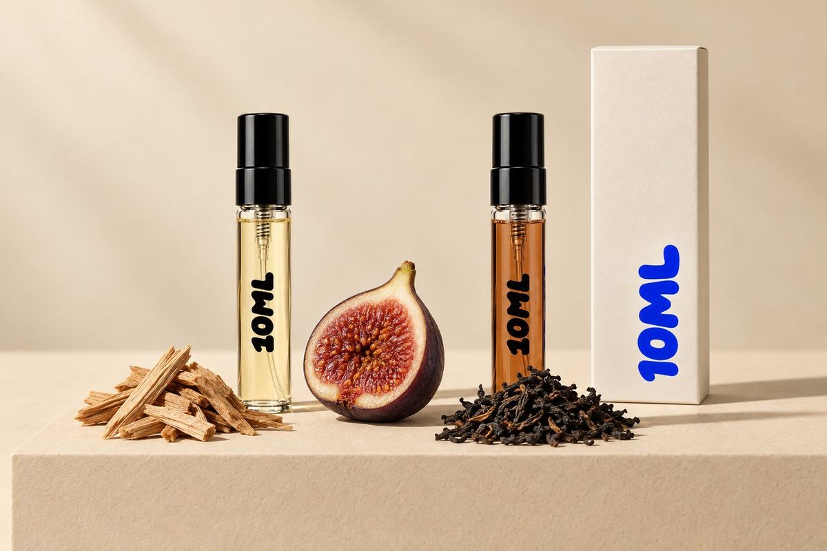 Two 10ML 3ml decants, one honey gold beside sandalwood chips and one tea brown beside black tea leaves, with a halved fig, the notes the two houses share