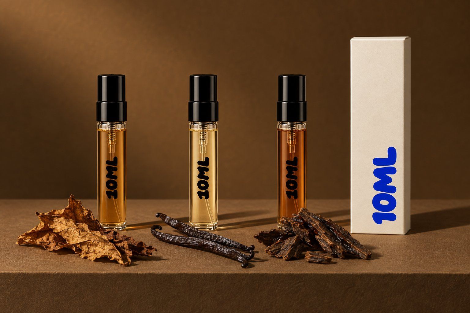 Trzy odlewki 10ML perfum o ciepłym bursztynie, złocie i głębokim bursztynie, z suszonymi liśćmi tytoniu, laskami wanilii i ciemnymi wiórami drewna oud
