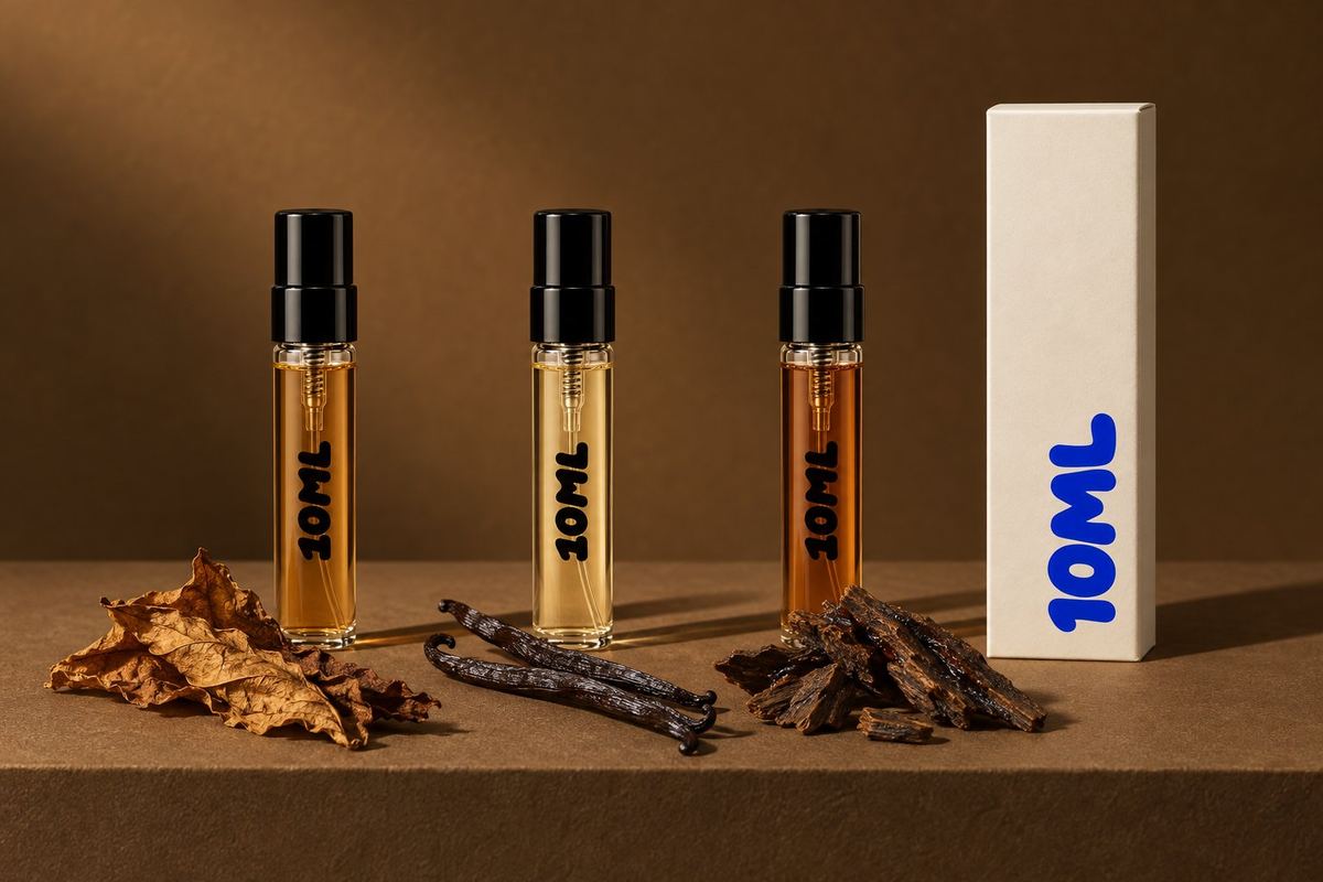 Trzy odlewki 10ML perfum o ciepłym bursztynie, złocie i głębokim bursztynie, z suszonymi liśćmi tytoniu, laskami wanilii i ciemnymi wiórami drewna oud