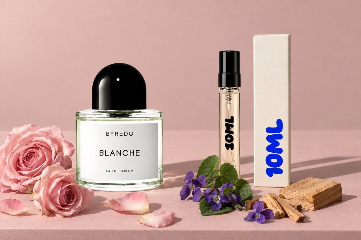 Blanche by Byredo next to a 10ML decant, with rose, violet and sandalwood, its key notes