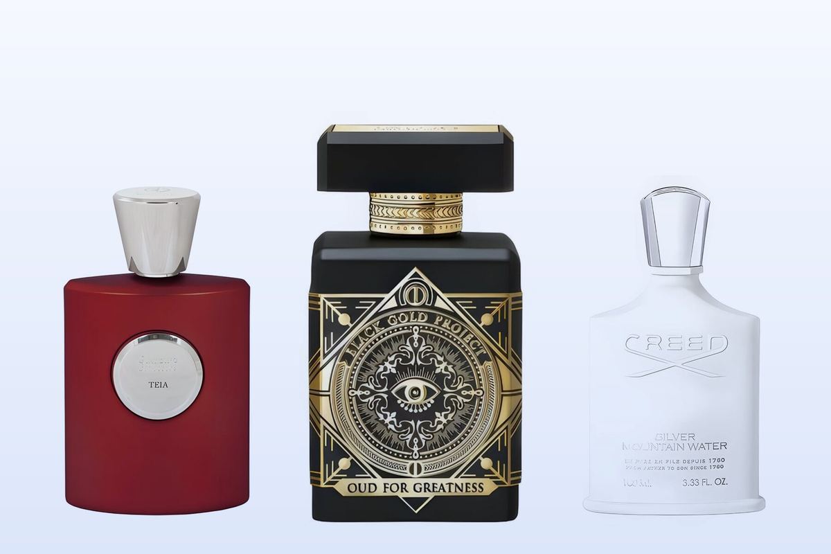 Tři lahvičky na světle modrém pozadí: Teia by Giardino Benessere, Oud for Greatness by Initio Parfums Prives a Silver Mountain Water by Creed