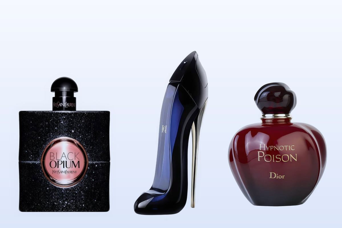 Tre flaconi su uno sfondo azzurro chiaro: Black Opium, Good Girl e Hypnotic Poison