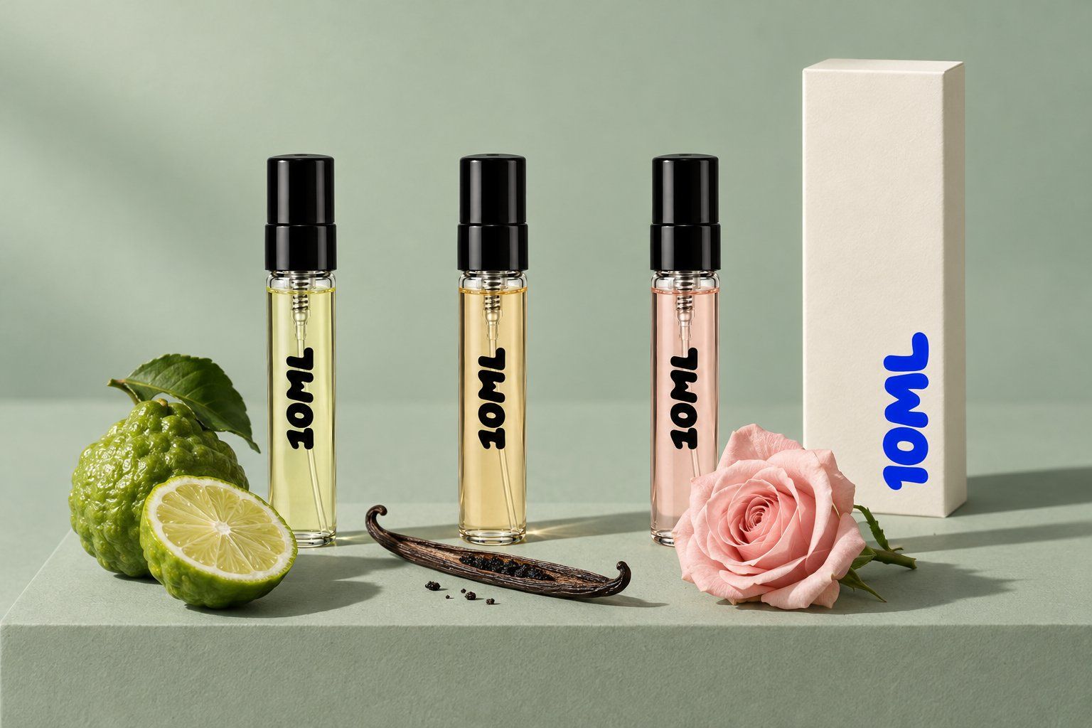 Three 10ML 3ml decants with a bergamot, a vanilla pod and a pink rose, the notes of the Giorgio Armani perfumes