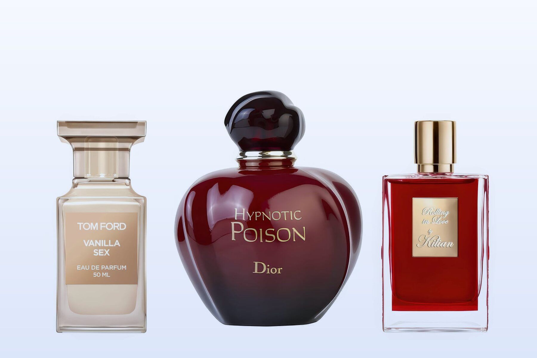 Three bottles on a pale blue background, Vanilla Sex, Hypnotic Poison and Rolling in Love