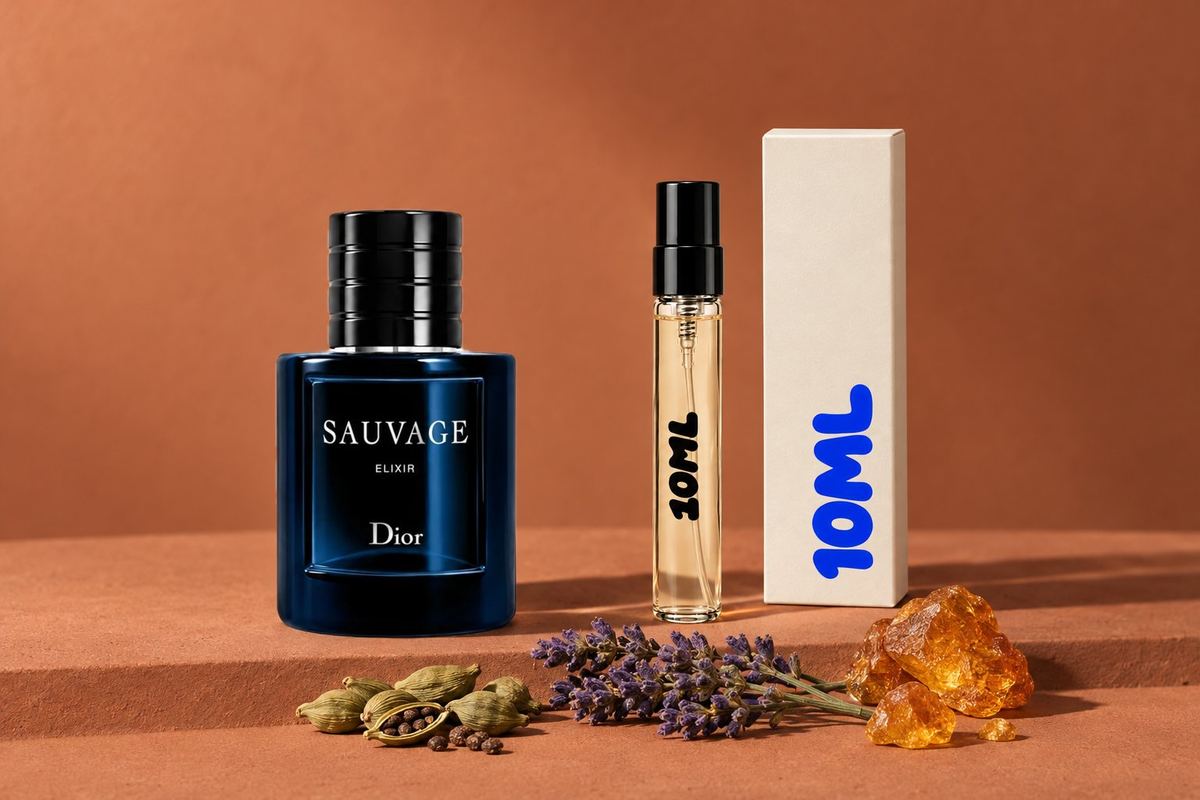 Sauvage Elixir by Dior next to a 10ML decant, with cardamom, lavender and amber, its key notes