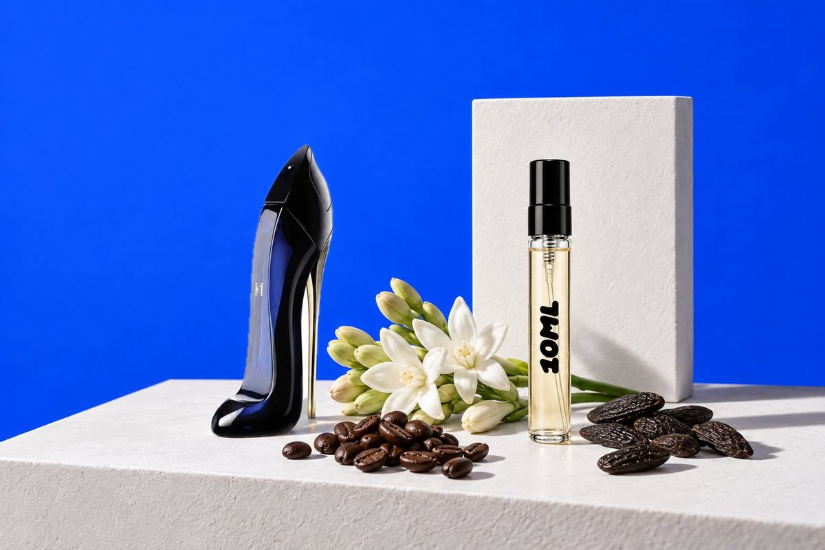 Good Girl by Carolina Herrera next to a 10ML decant, with coffee, tuberose and tonka bean, its key notes