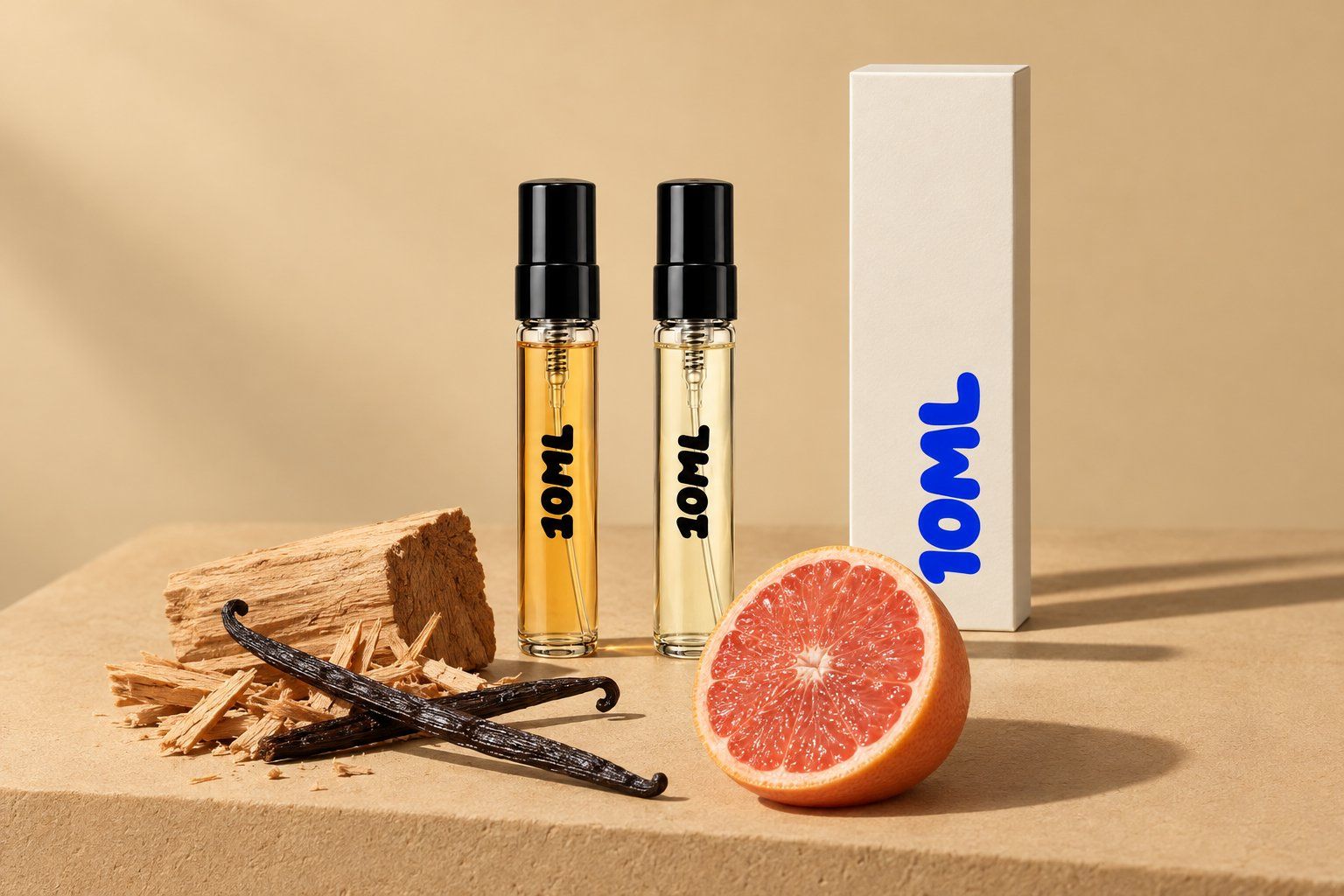 Zwei 10ML-3ml-Abfüllungen bernsteinfarbener und goldener Düfte, nebeneinander geschichtet, mit Sandelholz, Vanilleschoten und einer halbierten Grapefruit