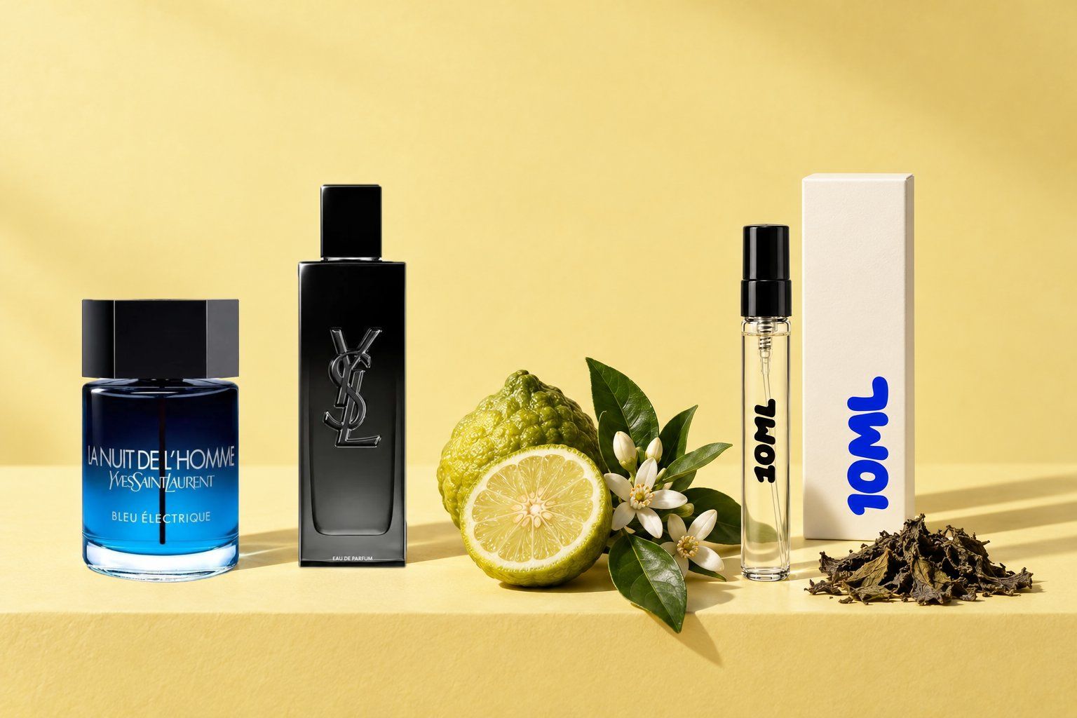MYSLF Eau de Parfum and La Nuit de L'Homme Bleu Électrique by Yves Saint Laurent next to a 10ML decant, with bergamot, orange blossom and patchouli