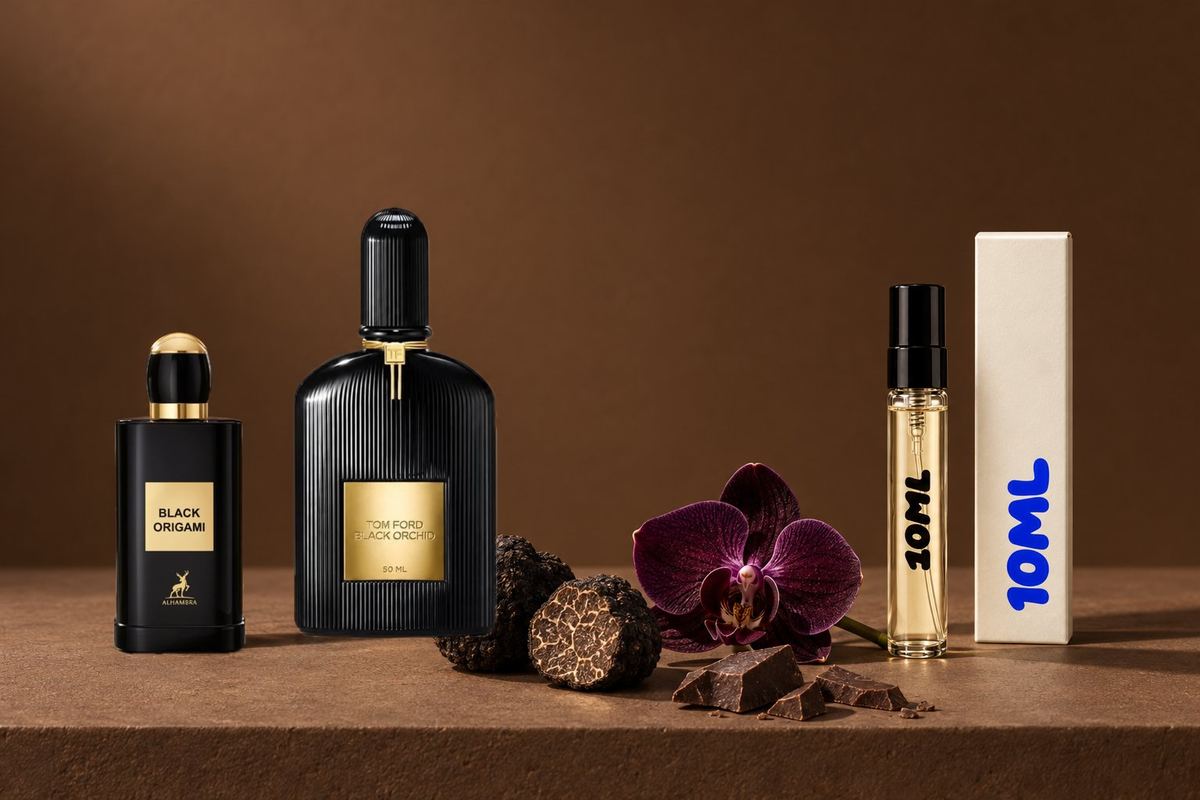 Black Orchid de Tom Ford junto a un decant de 10ML, con sus notas clave: trufa, orquídea y chocolate negro