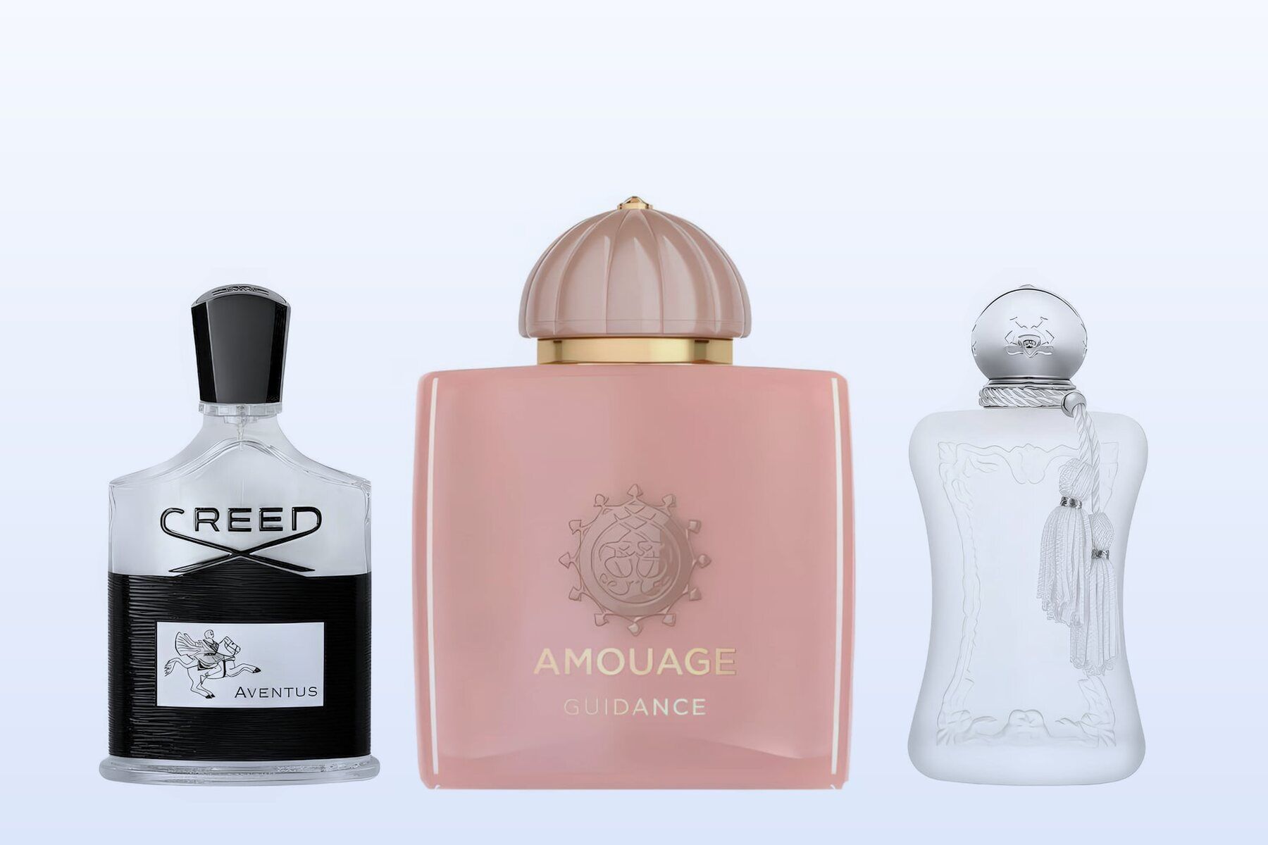 Three perfume bottles, Aventus, Guidance and Valaya, on a pale blue background