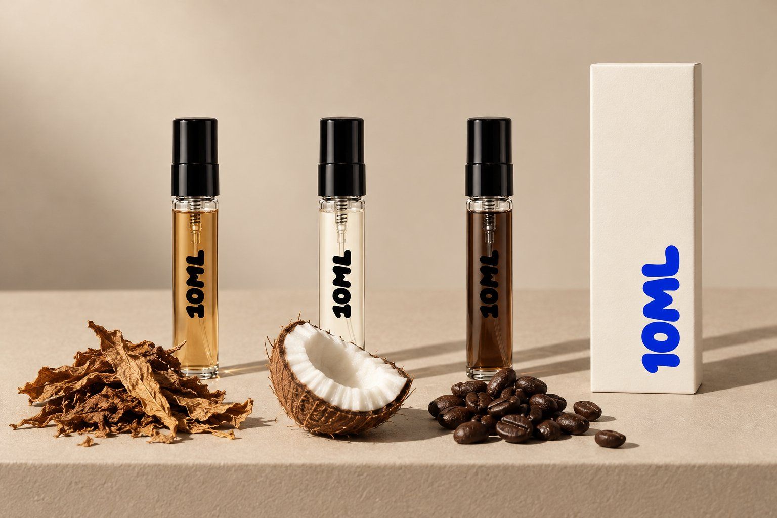 Three 10ML 3ml decants with dried tobacco leaves, half a coconut and roasted coffee beans, the notes of the Mancera perfumes
