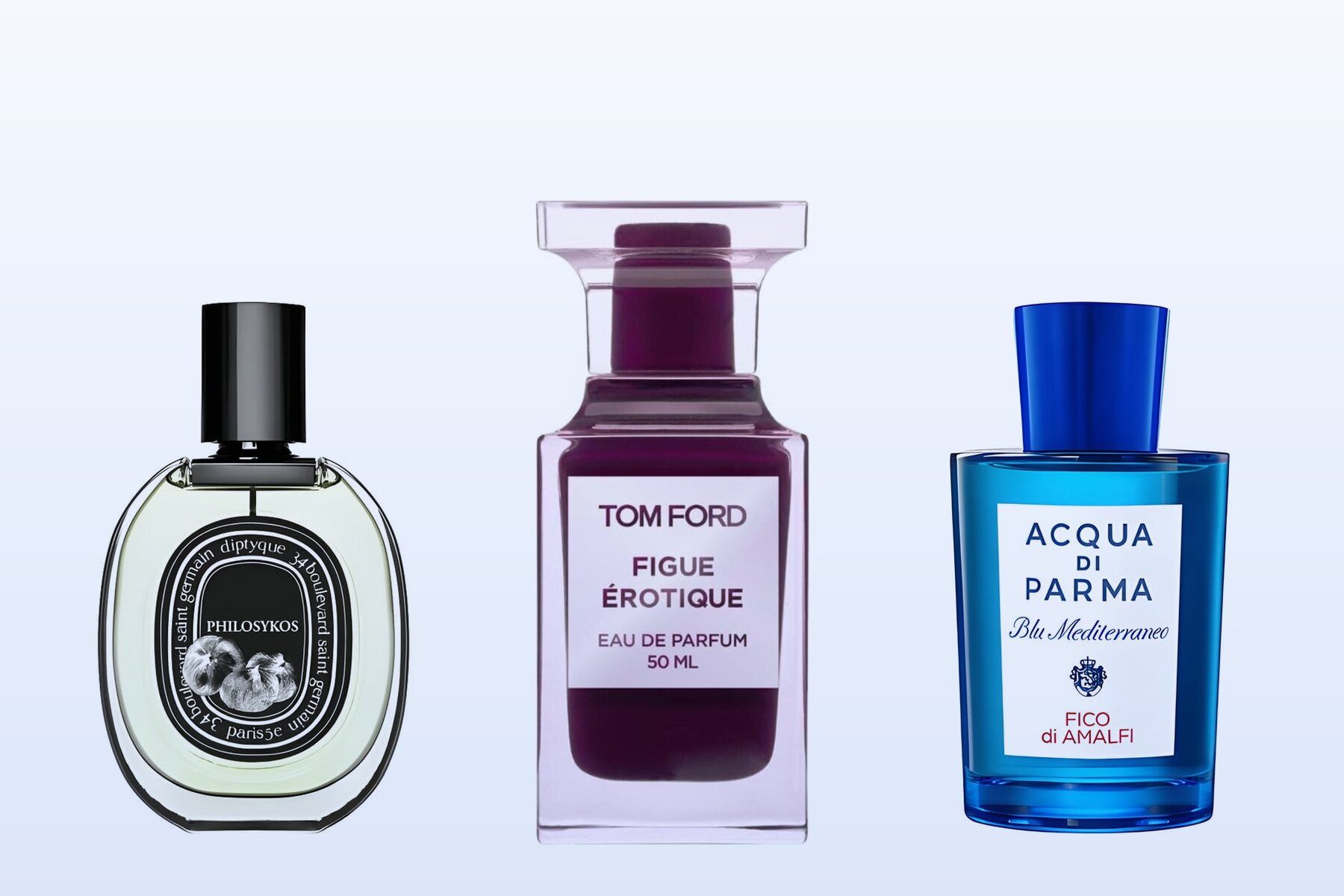 Philosykos, Figue Érotique and Fico di Amalfi bottles on a pale blue background